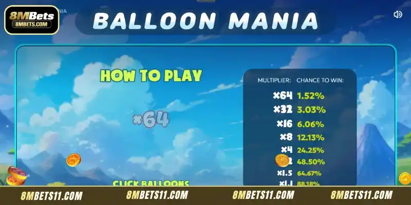 Detailed instructions on how to play Balloon Mania at 8MBets